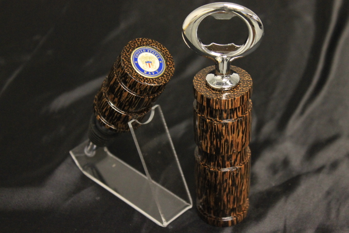 Black Palm Wood, US Navy Bottle Stopper/Opener Set
