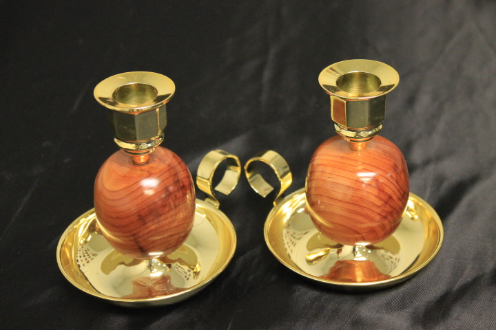 Cedar Wood and Brass Jeannie Style Candle Stick Holders