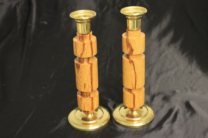 Zebra Wood and Brass Stick Style Candle Stick Holders