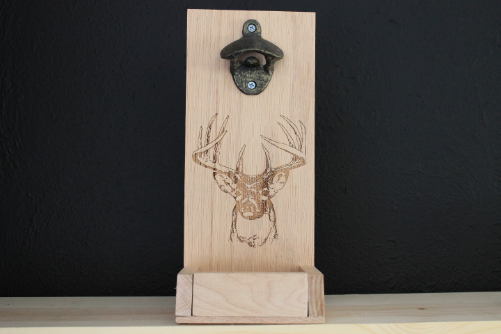 Deer Head Engraved Oak Wood Wall Mounted Bottle Opener