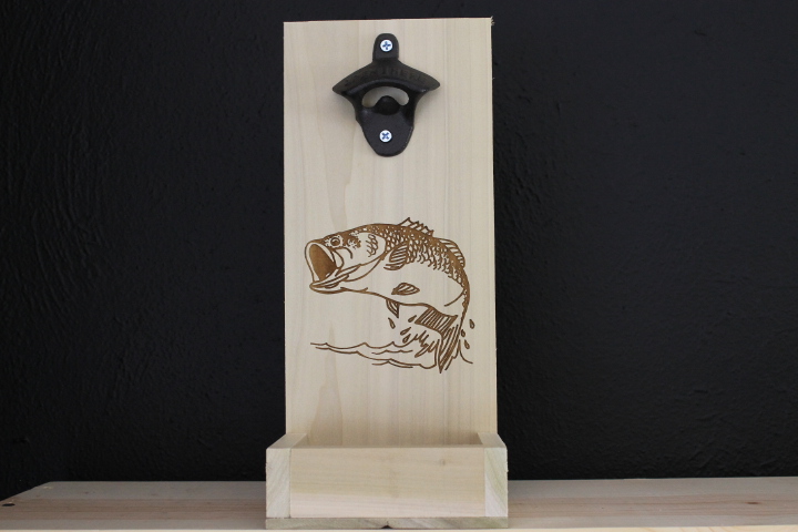 Large Mouth Bass Engraved Poplar Wood Wall Mounted Bottle Opener With Cap Catch
