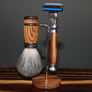 Zebra Wood Shaving Kit, Mach3 Razor, Badger Hair Brush, And Stand.