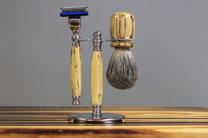 Spalted Sycamore Wood Shaving Kit, Mach3 Razor, Badger Hair Brush, And Stand.