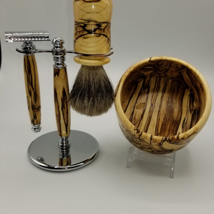 Safety Razor, Brush, Stand And Soap Bowl Spalted Maple Set
